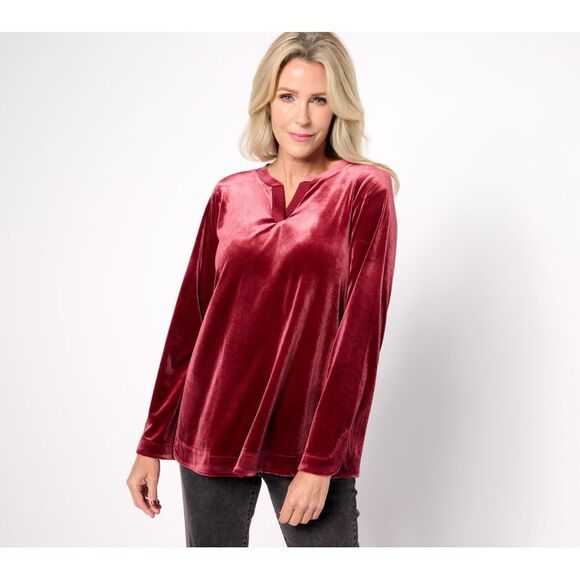 LOGO by Lori Goldstein Women's Top Sz S Knit Velvet Split Neck Red A625553 - Picture 1 of 4